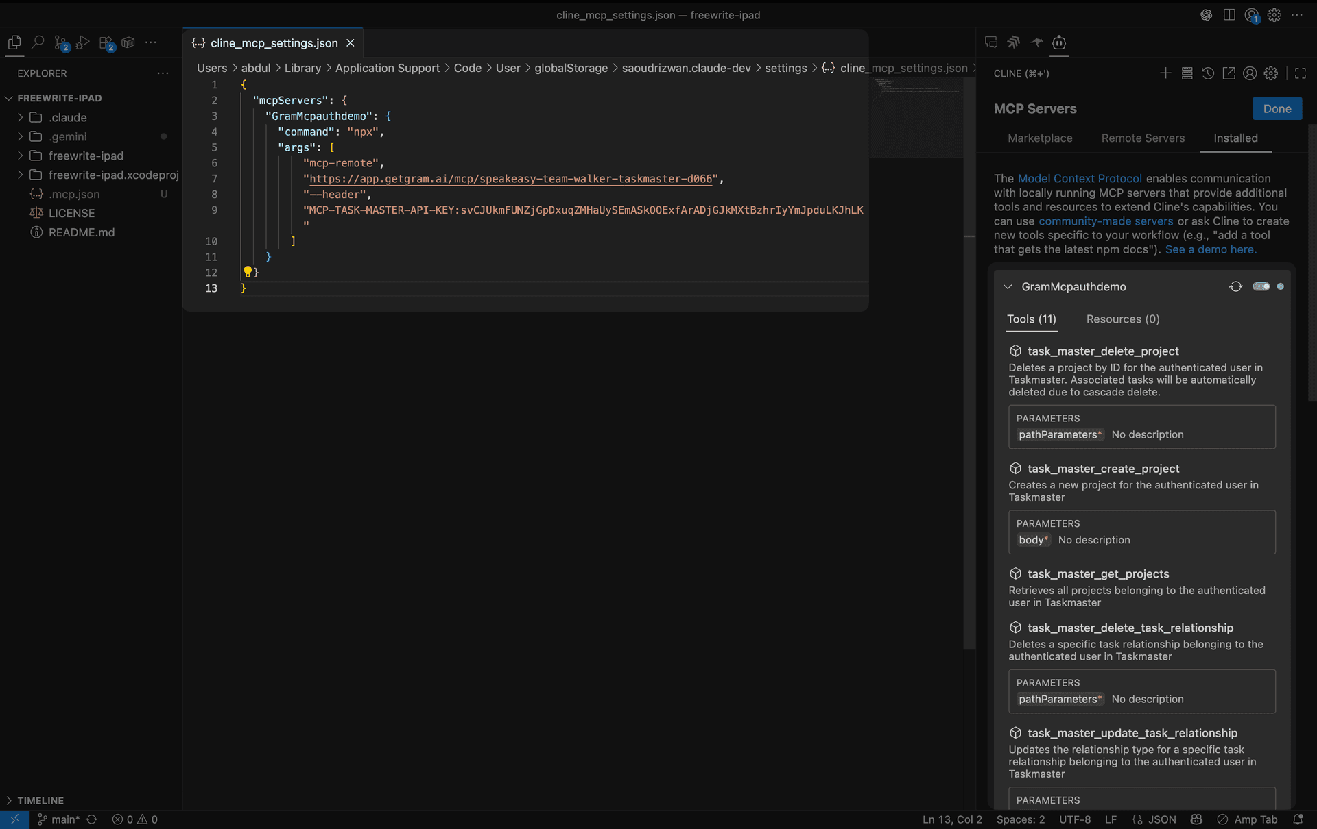 Screenshot showing the Cline MCP server list