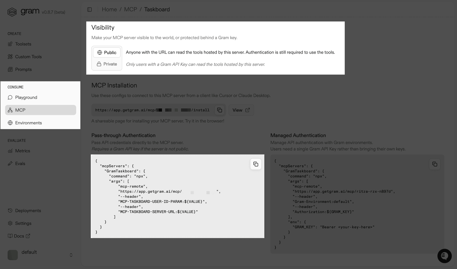 Gram MCP server dashboard showing Visibility settings with Public option selected and MCP Installation section showing the server URL