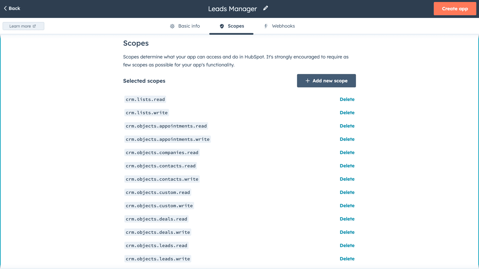 HubSpot private app scopes configuration showing CRM permissions