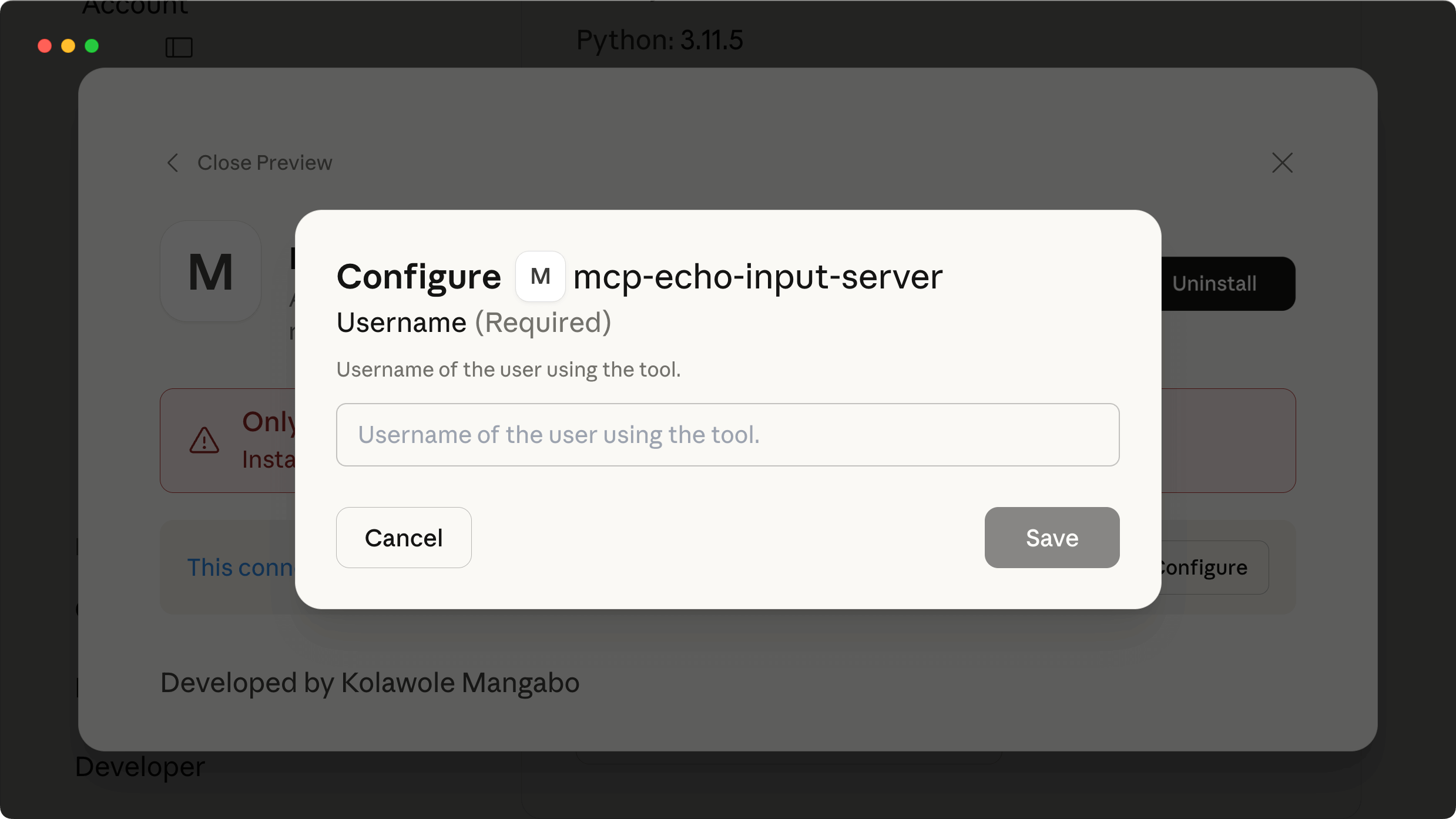Username input dialog