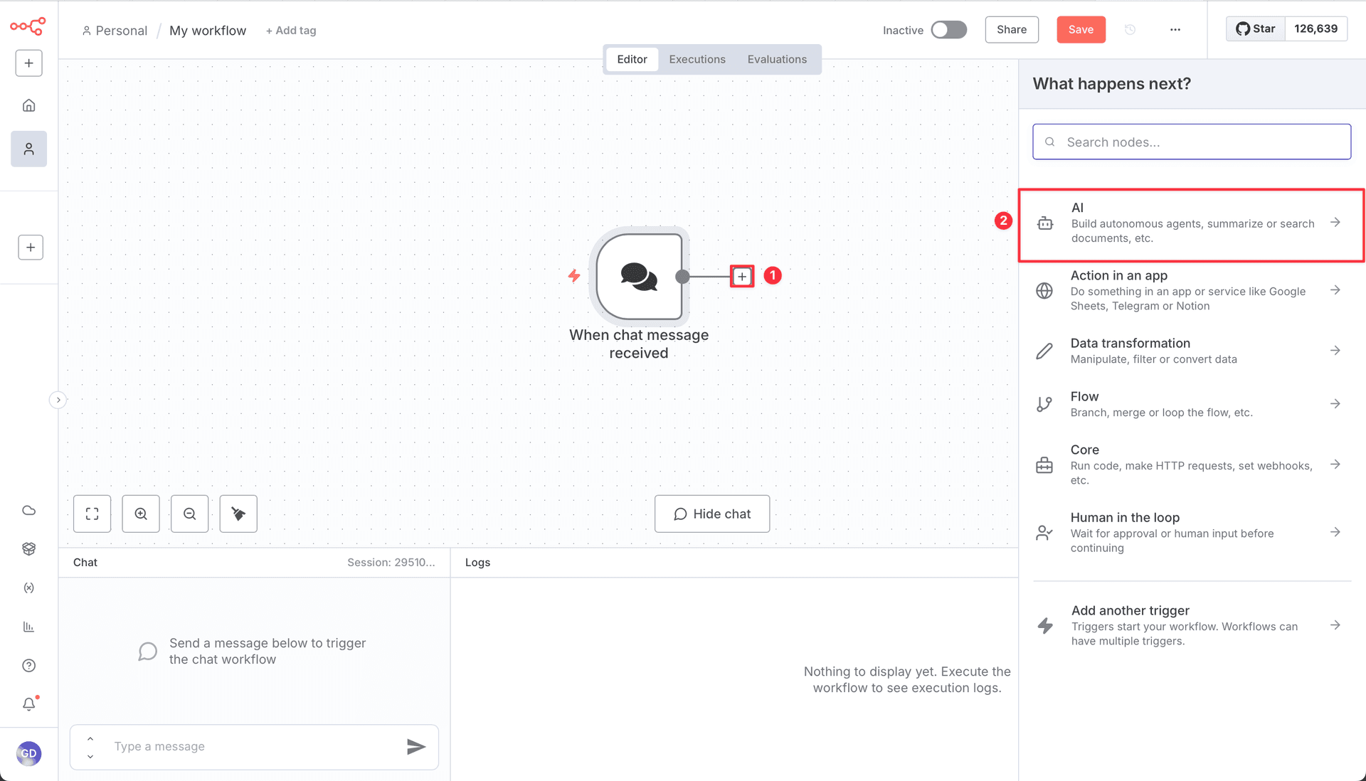 Screenshot showing how to add an AI Agent node in n8n