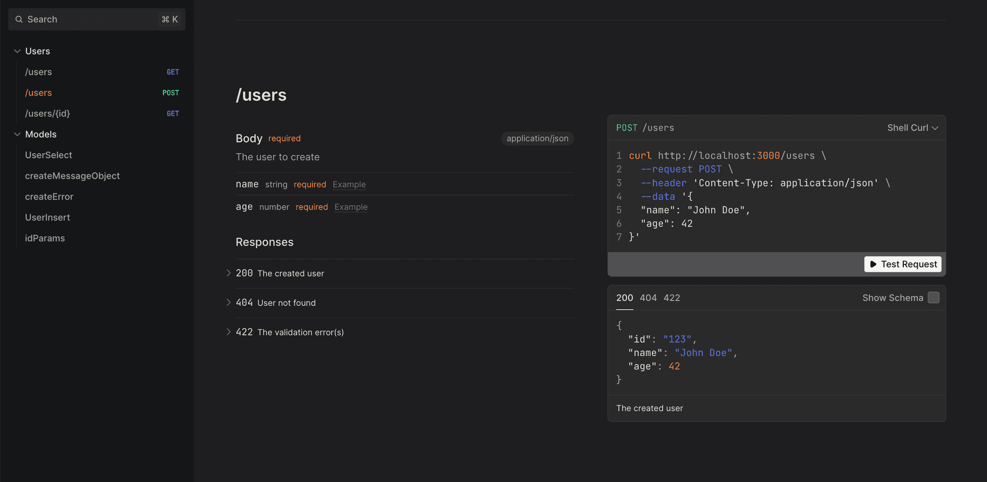 Scalar UI POST request example values