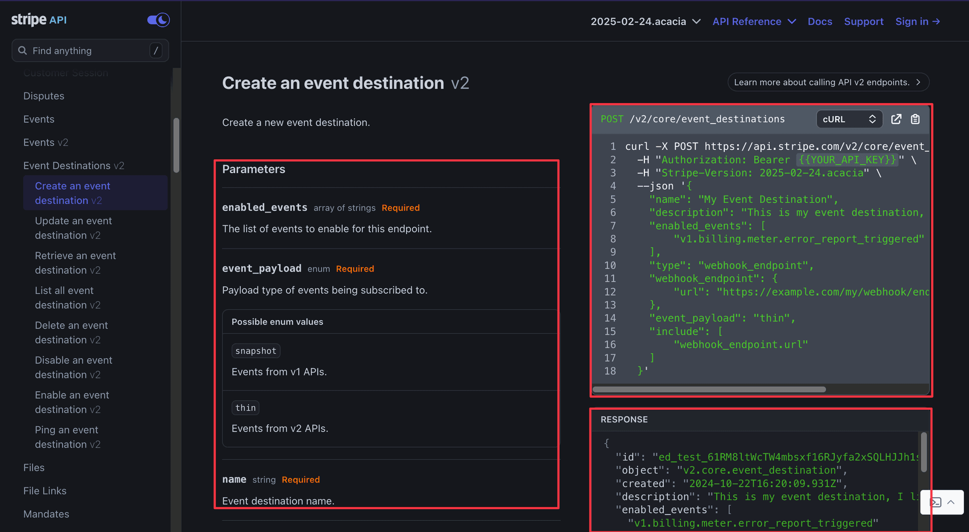 Stripe API Create an Event