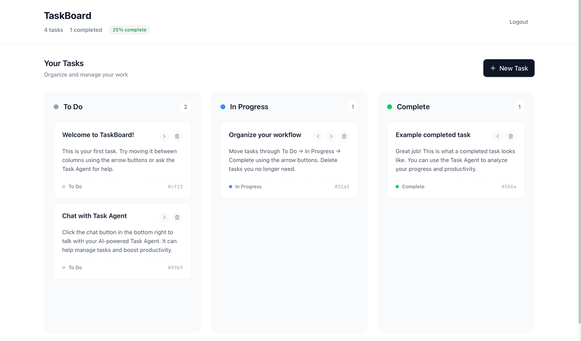 TaskBoard interface showing kanban columns with tasks that users click and drag to manage