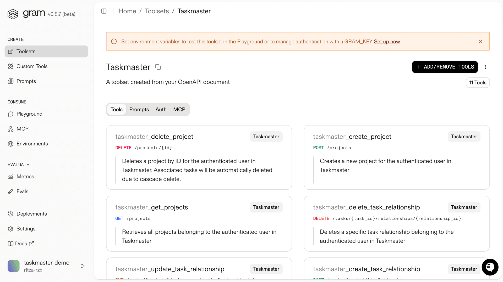 Screenshot of the Gram dashboard showing the Taskmaster toolset