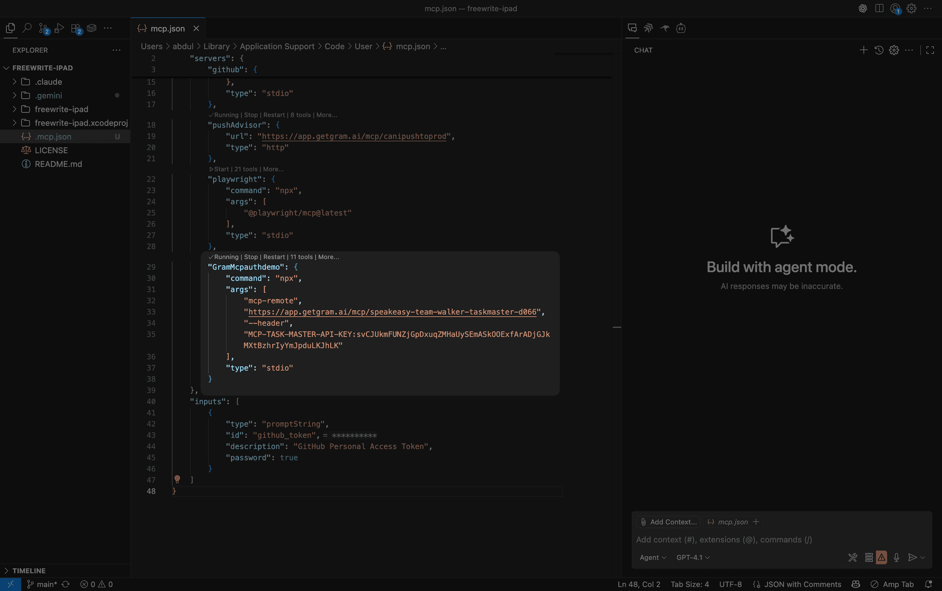 Screenshot showing the VS Code settings.json file with MCP server configuration